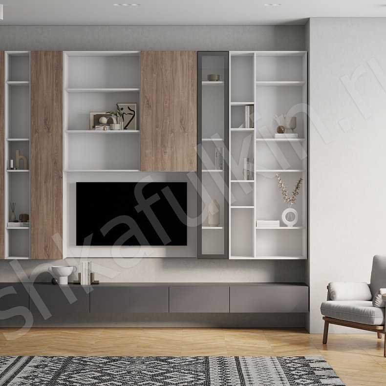 Изображение Стенка Арли Белый Темные Светлые Серый Коричневый Древесный Скандинавский Гостиная Под ТВ Для посуды Для декора Для книг 4