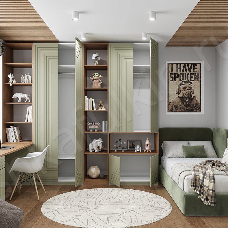 Изображение Детская Максимус Цветной Древесный Серый Синий Светлые Зеленый Минимализм 4х створчатые Детская Для книг Для декора Для вещей 7