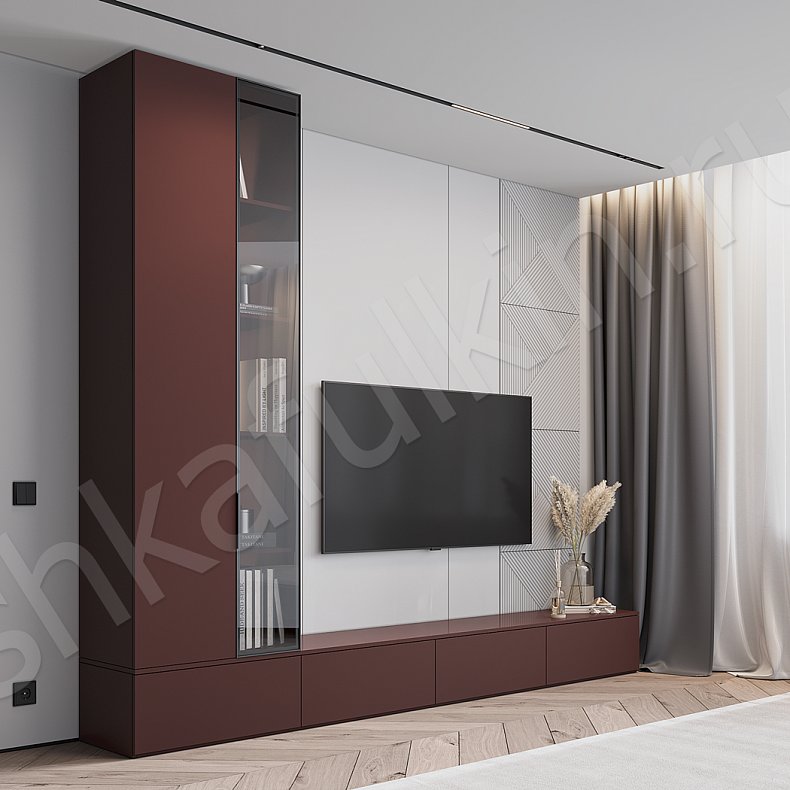 Изображение Стенка Ферреро Красный Цветной Коричневый Темные Современный 2х створчатые Гостиная Для книг Для декора Под ТВ 1