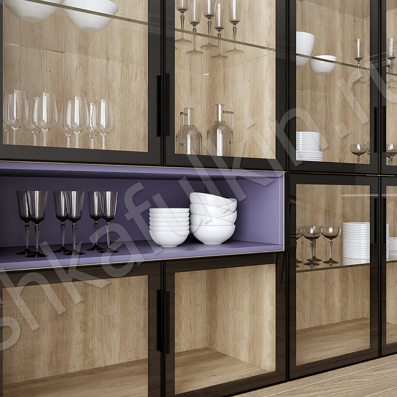 Шкаф-витрина Сервантес Цветной Черный Древесный Розовый Светлые Современный 4х створчатые Гостиная Для книг Для посуды 5