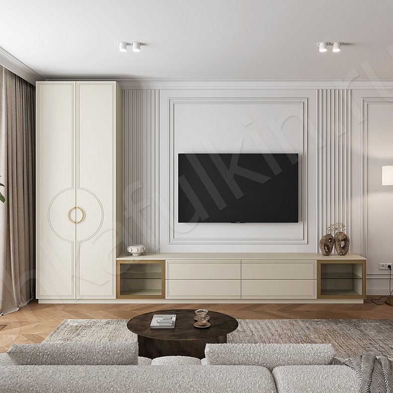 Стенка Эллада Светлые Белый Неоклассика 2х створчатые Гостиная Для вещей Под ТВ Для посуды Для декора Для книг