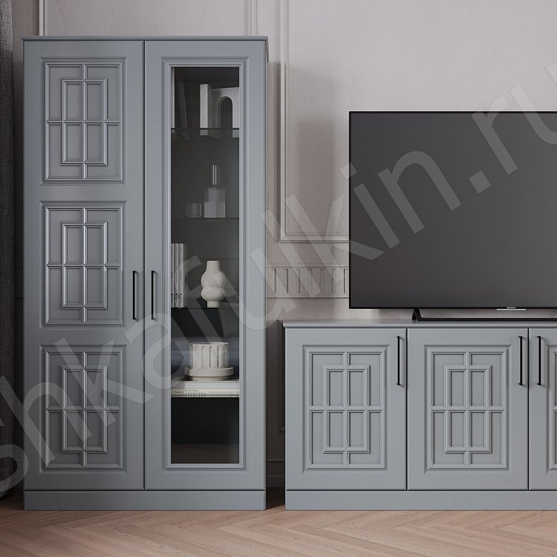Изображение Стенка Антида Светлые Серый Неоклассика 2х створчатые Гостиная Для книг Под ТВ 2