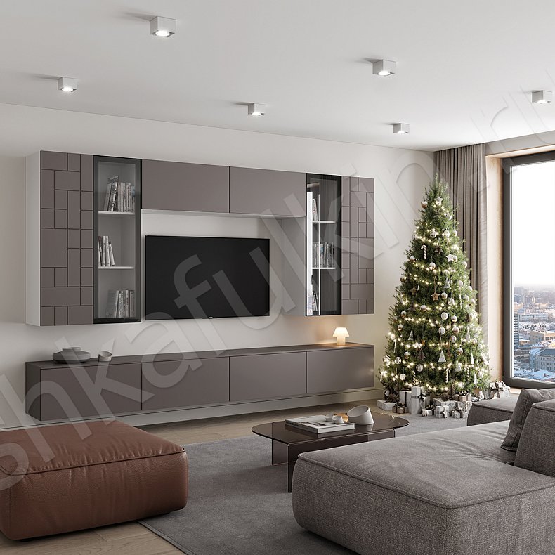 Изображение Стенка Честер Темные Серый Современный 4х створчатые Гостиная Для книг Под ТВ 8