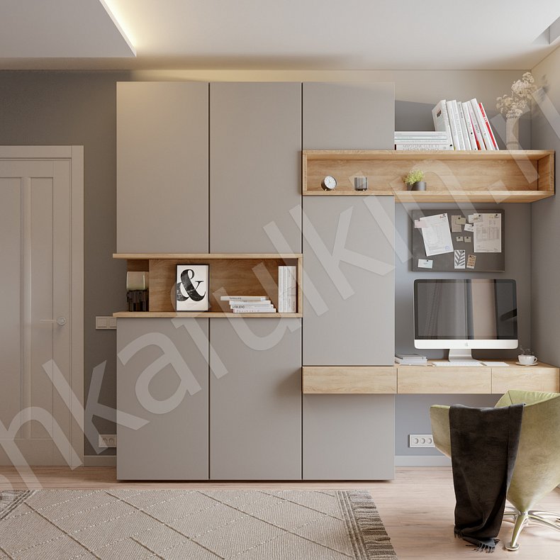 Изображение Шкаф с рабочей зоной Джамбо Светлые Белый Черный Древесный Серый Темные Скандинавский 3х створчатые Спальня Для книг Для декора Для вещей 2