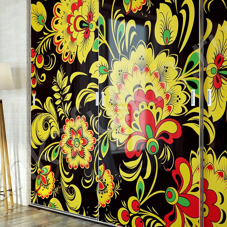 Корпусный шкаф-купе Хохлома Светлые Красный Цветной Этнический 3х створчатые Гостиная Для вещей 2