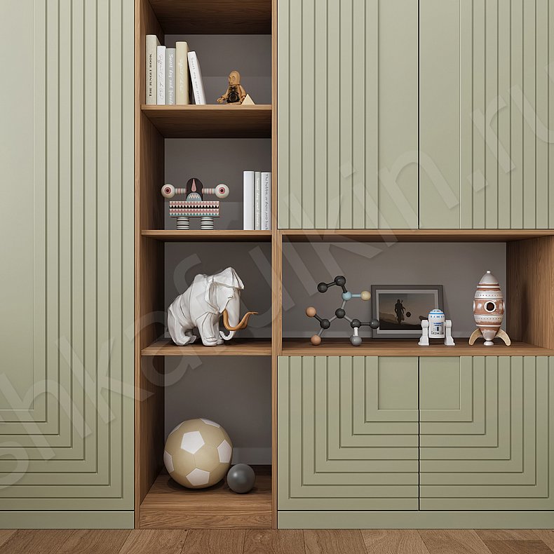Изображение Детская Максимус Цветной Древесный Серый Синий Светлые Зеленый Минимализм 4х створчатые Детская Для книг Для декора Для вещей 6