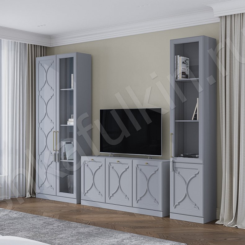 Стенка Айлин Серый Светлые Неоклассика 2х створчатые Гостиная Для вещей Под ТВ Для посуды Для декора Для книг