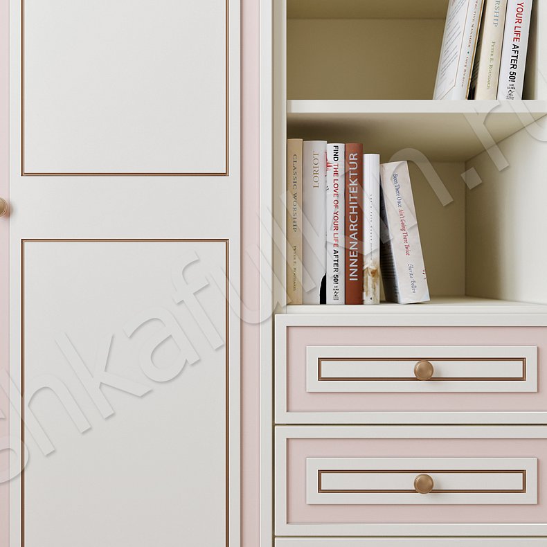 Изображение Детская Амели Белый Розовый Светлые Золото Неоклассика 4х створчатые Детская Для книг Для вещей 3