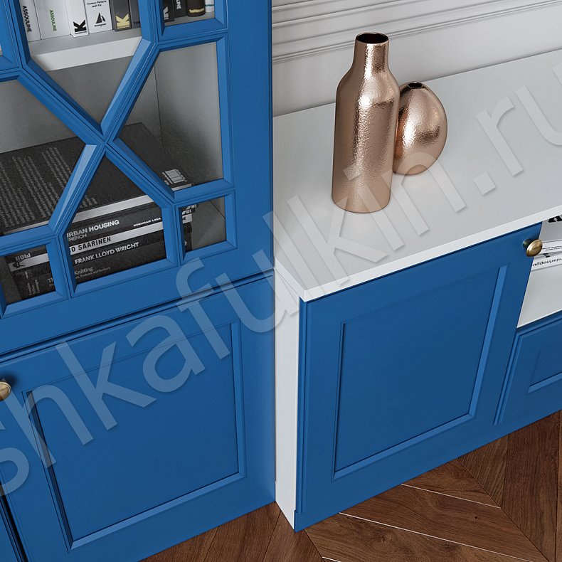 Изображение Гарнитур Смит Белый Цветной Синий Светлые Темные Неоклассика 2х створчатые Гостиная Для книг Под ТВ 7