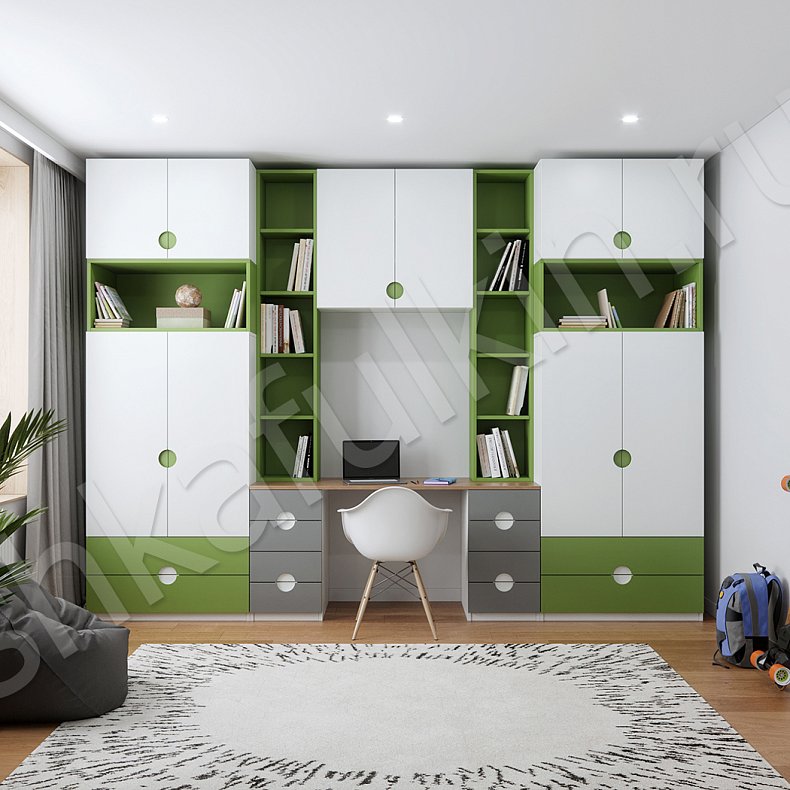 Детская Тетрис Белый Светлые Зеленый Современный 4х створчатые Детская Для книг Для вещей