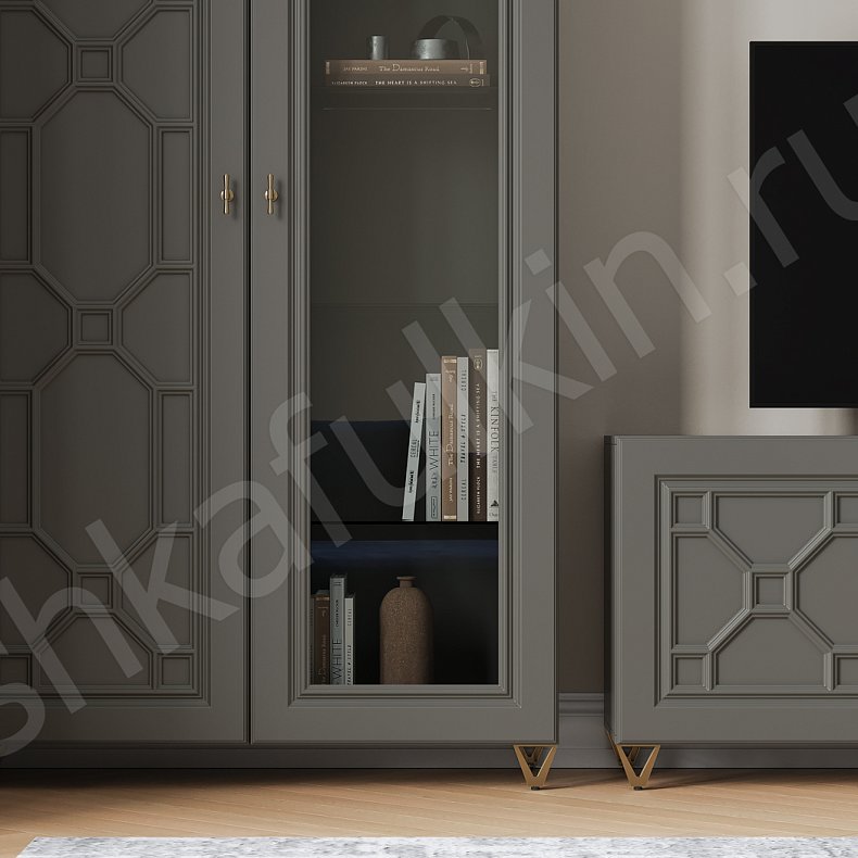 Изображение Стенка Сакура Серый Темные Неоклассика 2х створчатые Гостиная Под ТВ Для книг 4