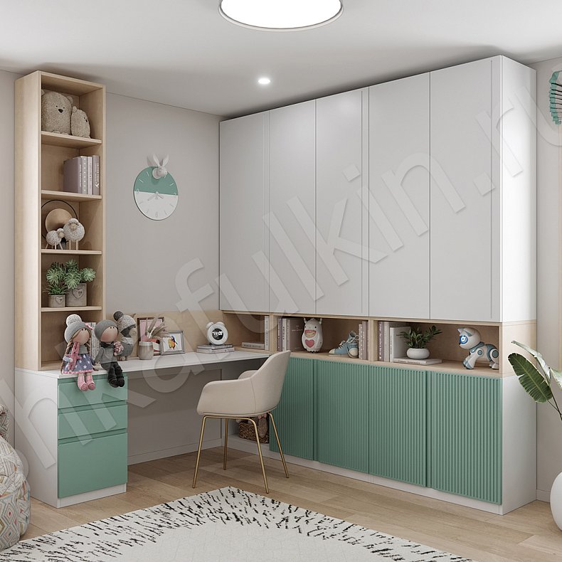 Детская Федерико Белый Цветной Светлые Зеленый Современный 4х створчатые Детская Для книг Для вещей 3