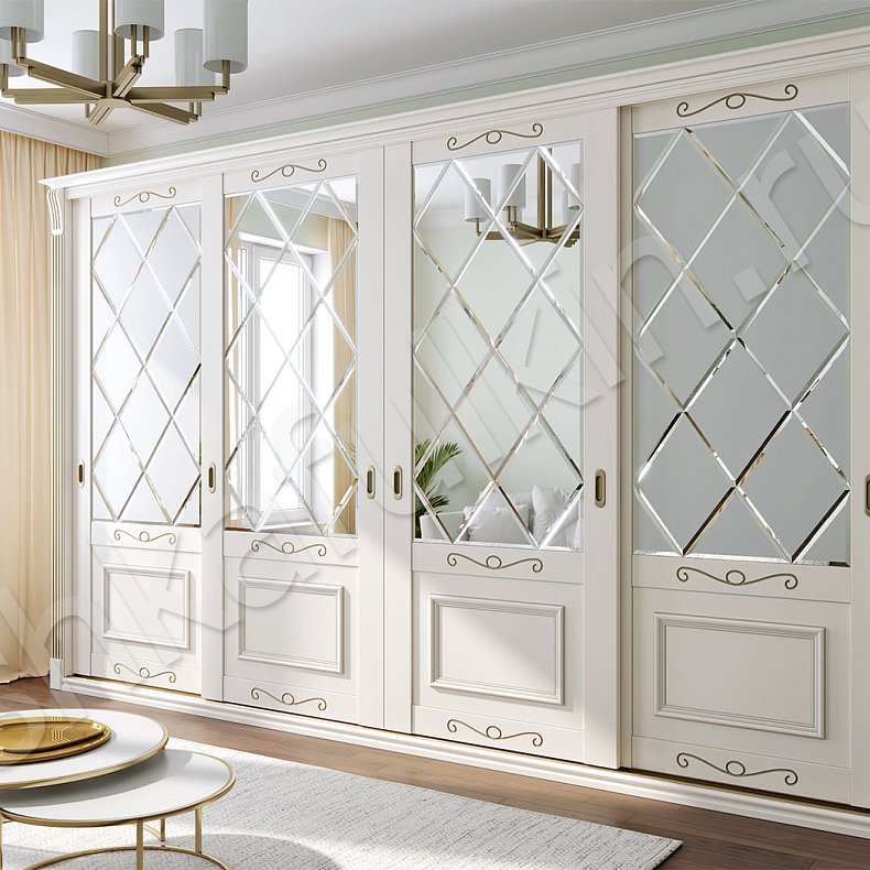 Изображение Корпусный шкаф-купе Татьяна Белый Золото Классика 4х створчатые Гостиная Для вещей 2