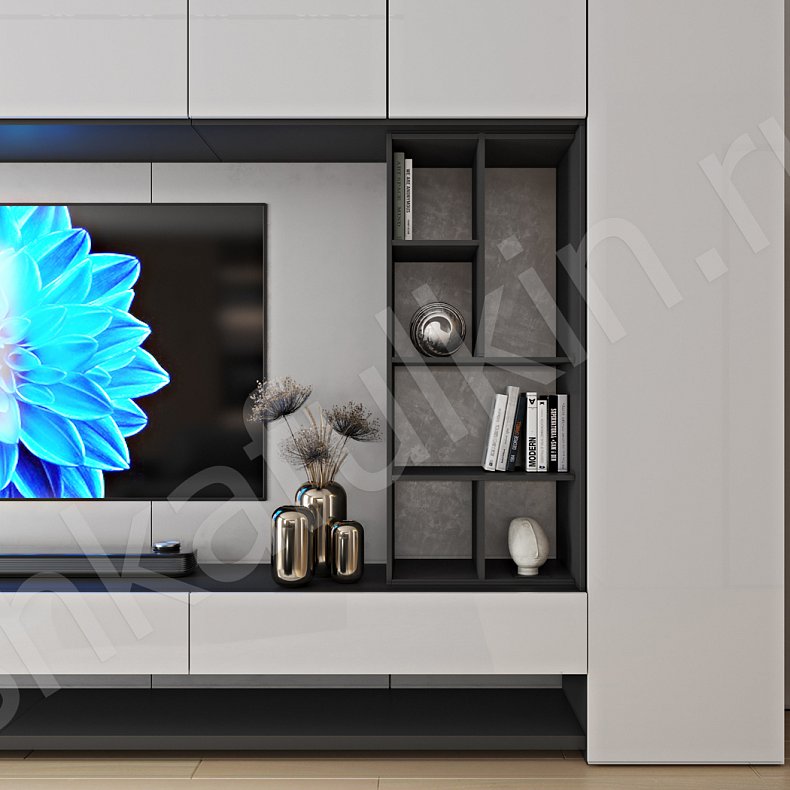 Изображение Стенка Рафинад Светлые Белый Современный 2х створчатые Гостиная Под ТВ Для декора Для книг 4