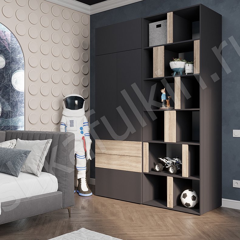 Изображение Шкаф Толли Темные Светлые Серый Древесный Черный Белый Скандинавский 2х створчатые Детская Для вещей Для декора Для книг Для белья 9