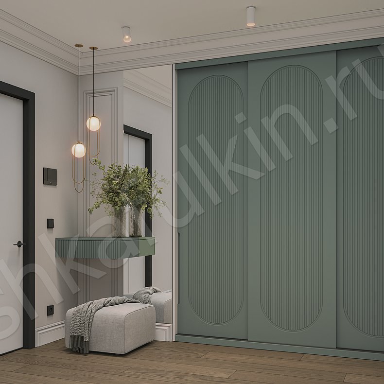 Встроенный шкаф-купе Скаволлини Светлые Зеленый Неоклассика 3х створчатые Коридор Для вещей 2