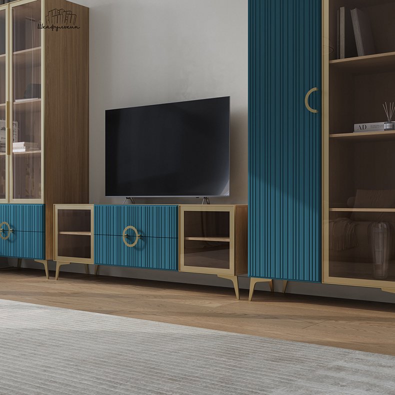 Стенка Обсидиан Синий Темные Светлые Красный Цветной Черный Белый Неоклассика 2х створчатые Гостиная Под ТВ Для книг 9