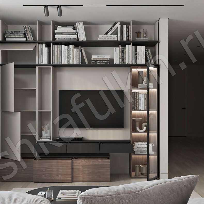 Изображение Стенка Корти Древесный Коричневый Светлые Современный 2х створчатые Гостиная Для книг Под ТВ 2