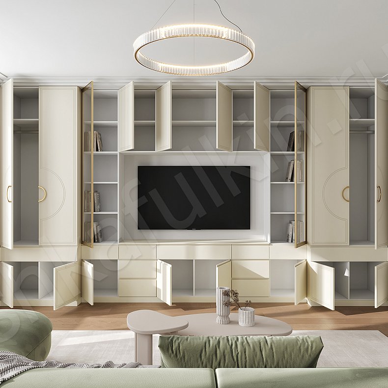 Изображение Стенка Эллада Светлые Белый Неоклассика 2х створчатые Гостиная Для вещей Под ТВ Для посуды Для декора Для книг 4