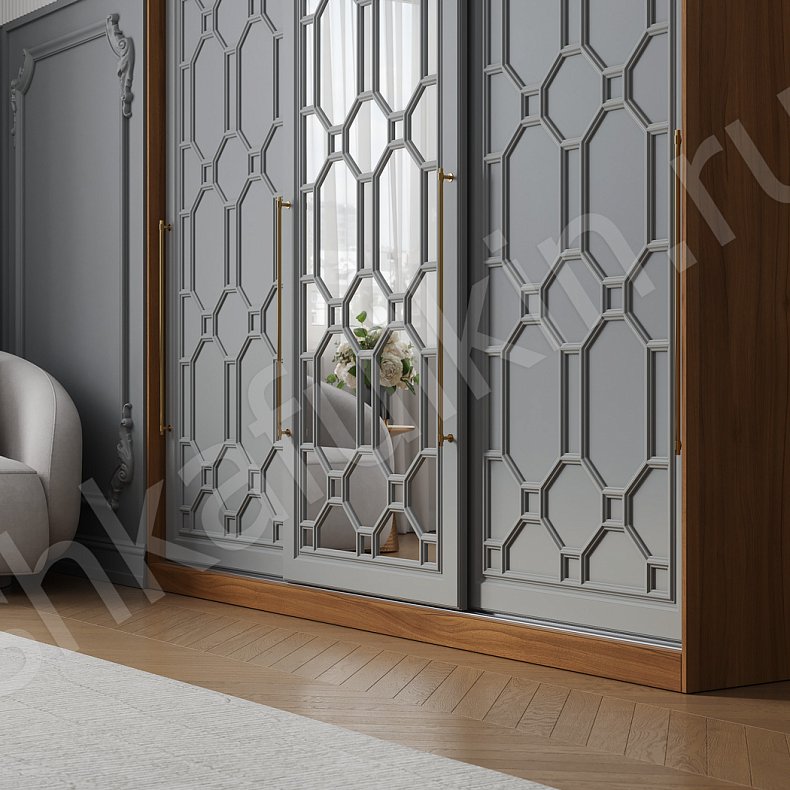 Изображение Шкаф-купе Сакура Серый Древесный Неоклассика 3х створчатые Спальня Для белья 2