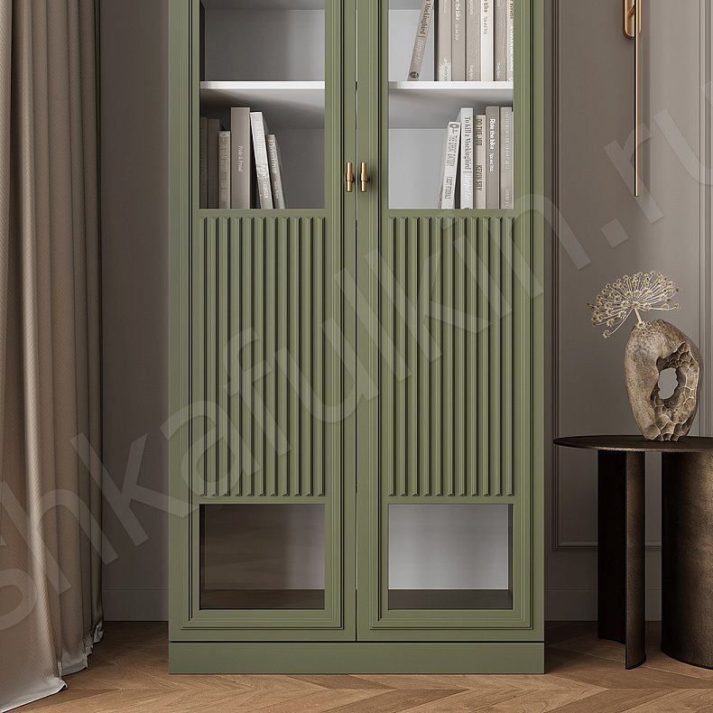 Шкаф-витрина Мельпомена Цветной Темные Зеленый Неоклассика 2х створчатые Гостиная Для книг Для декора 2