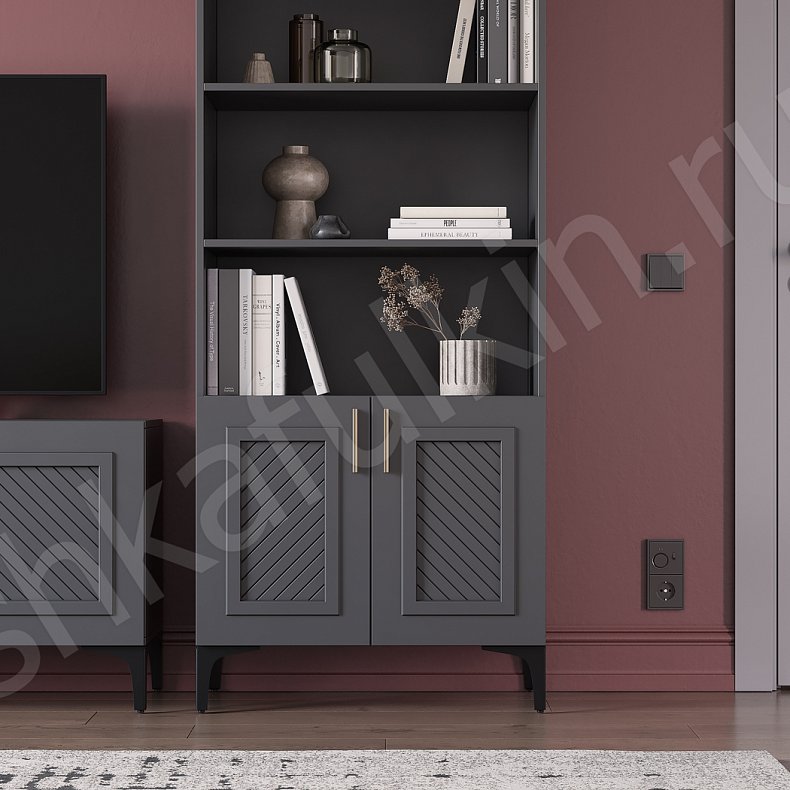 Изображение Стенка Танзано Белый Серый Светлые Темные Современный 2х створчатые Гостиная Для книг Для декора Под ТВ 5