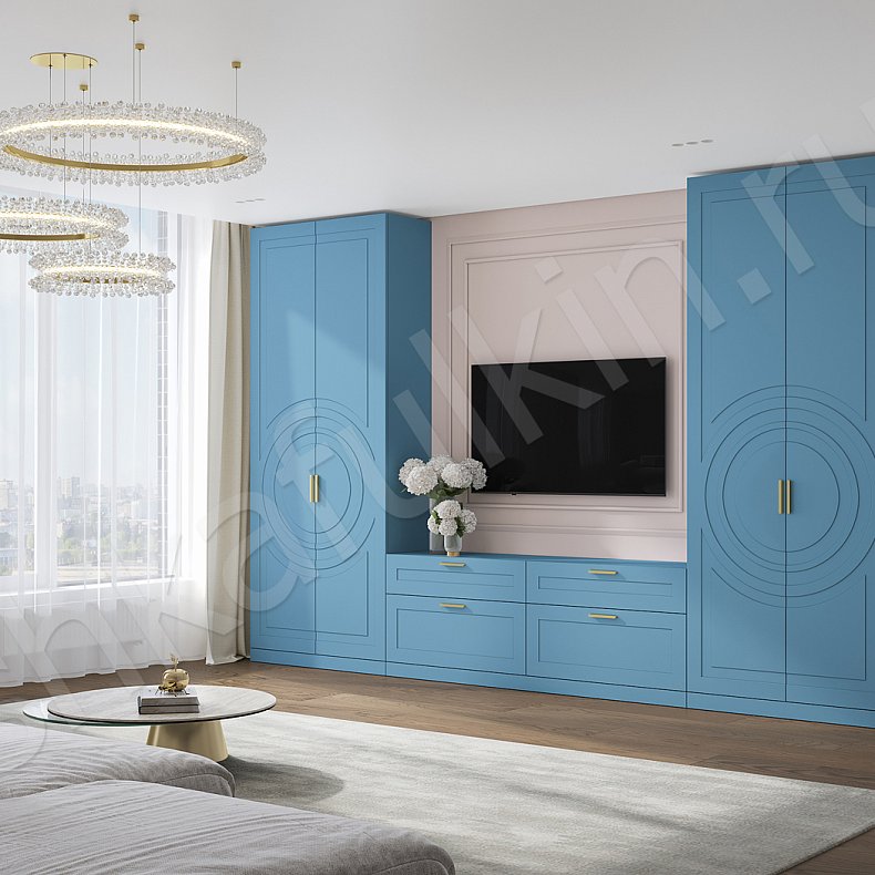 Изображение Стенка Линдор Синий Цветной Коричневый Светлые Неоклассика 4х створчатые Гостиная Под ТВ Для вещей 1