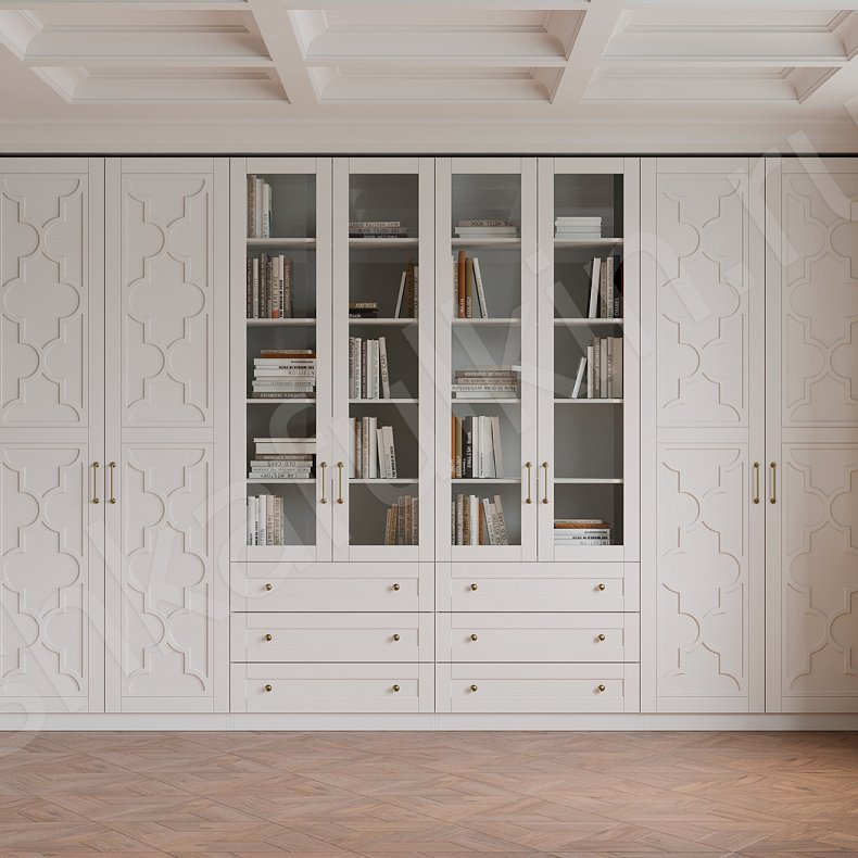 Изображение Стенка Пифагор Белый Серый Светлые Темные Неоклассика 6и створчатые Гостиная Для книг Для декора Для вещей 3