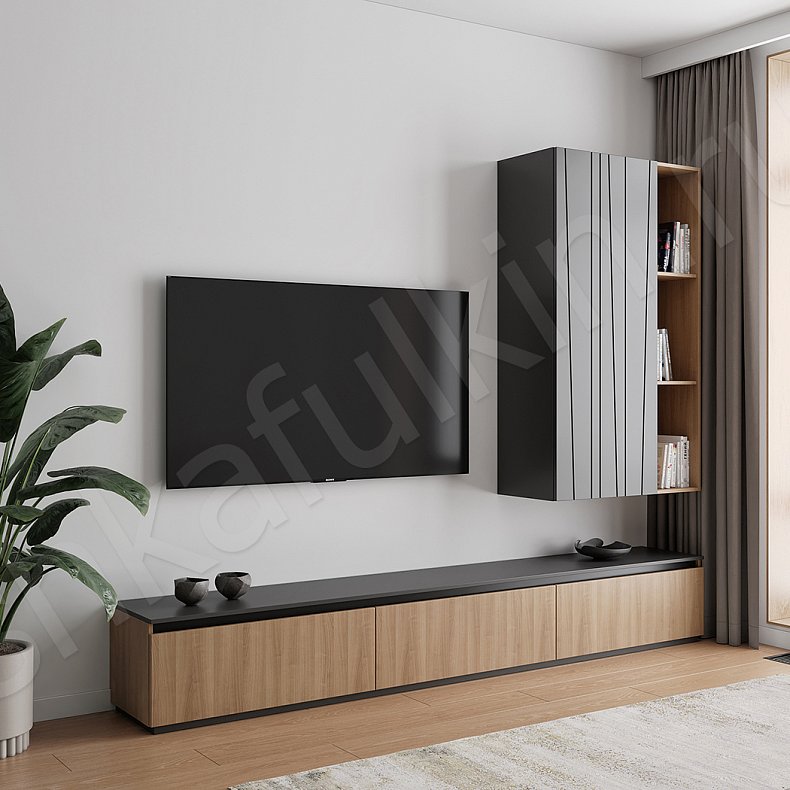 Изображение Стенка Ванесса Древесный Темные Серый Современный Гостиная Для книг Для декора Под ТВ 1