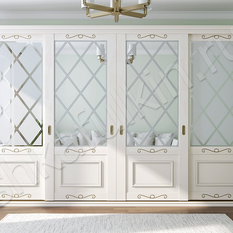 Изображение Корпусный шкаф-купе Татьяна Белый Золото Классика 4х створчатые Гостиная Для вещей 1